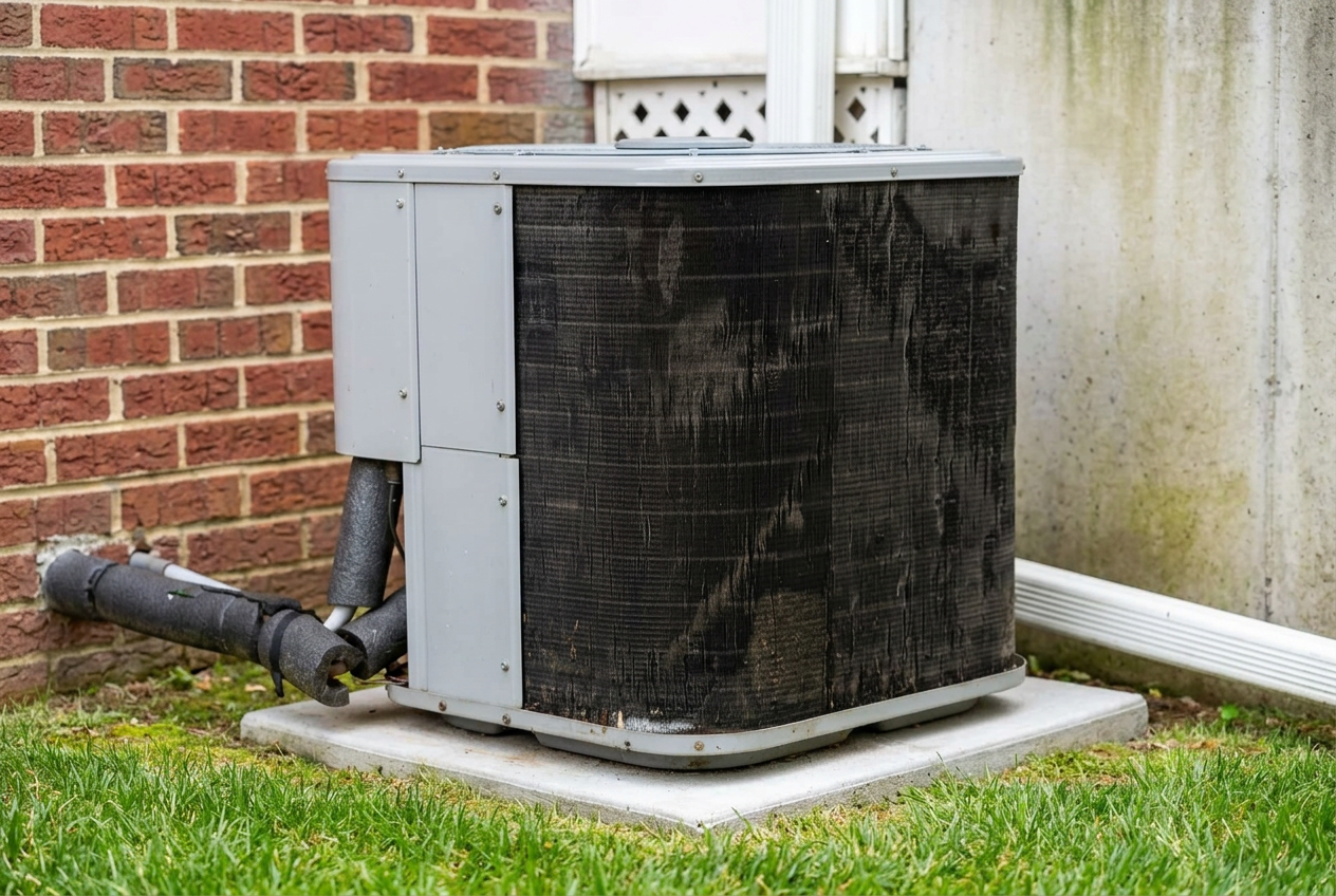 Outdoor HVAC condenser unit with heavily soiled coils at a Lancaster County home